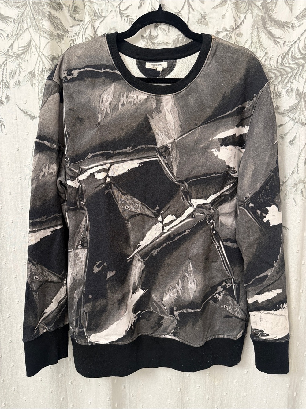 Helmut Lang Black & Gray Marble-Print Crewneck Sweater